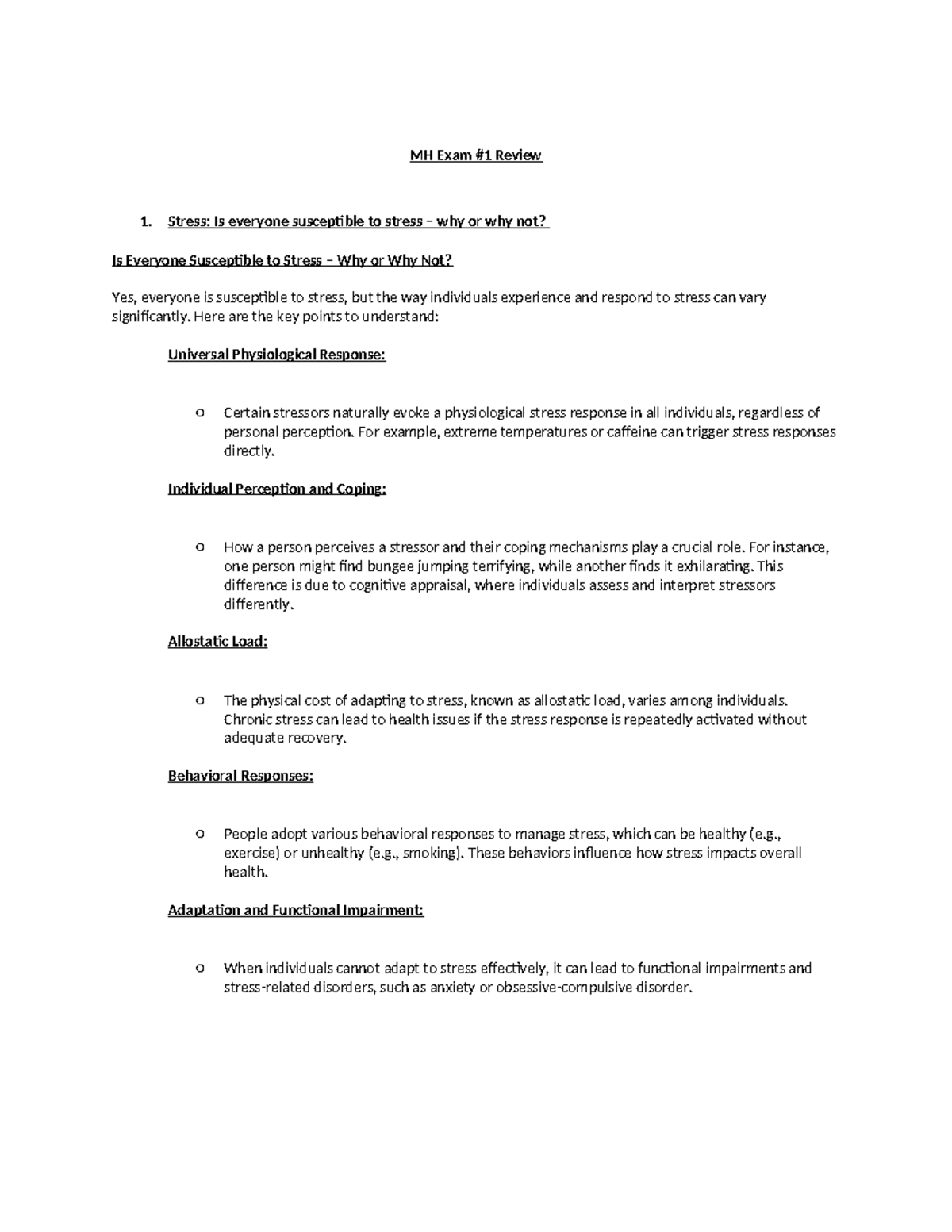 MH Exam #1 Study Notes: Understanding Stress & Coping Mechanisms - Studocu