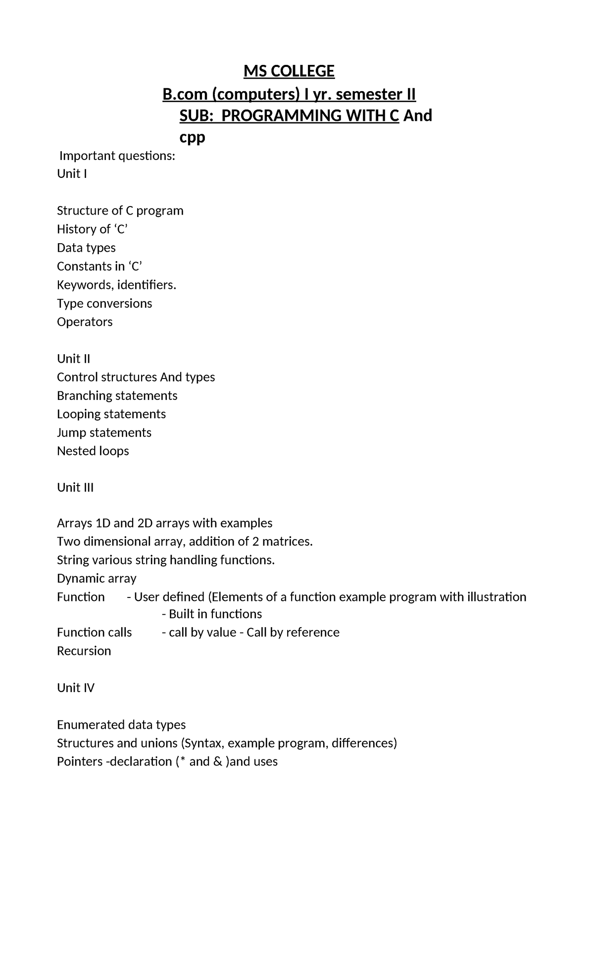 B.Com I Year Sem II: Important Questions for Programming with C & C++ ...