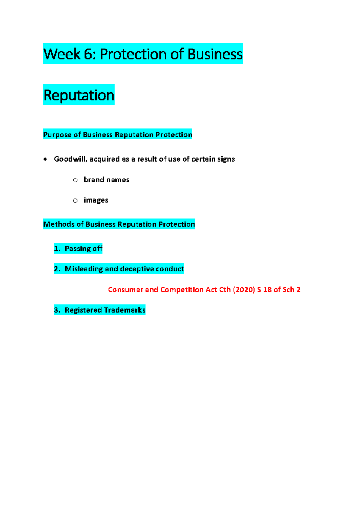 IP Notes - Week 6: Protection of Business Reputation and Law - Studocu