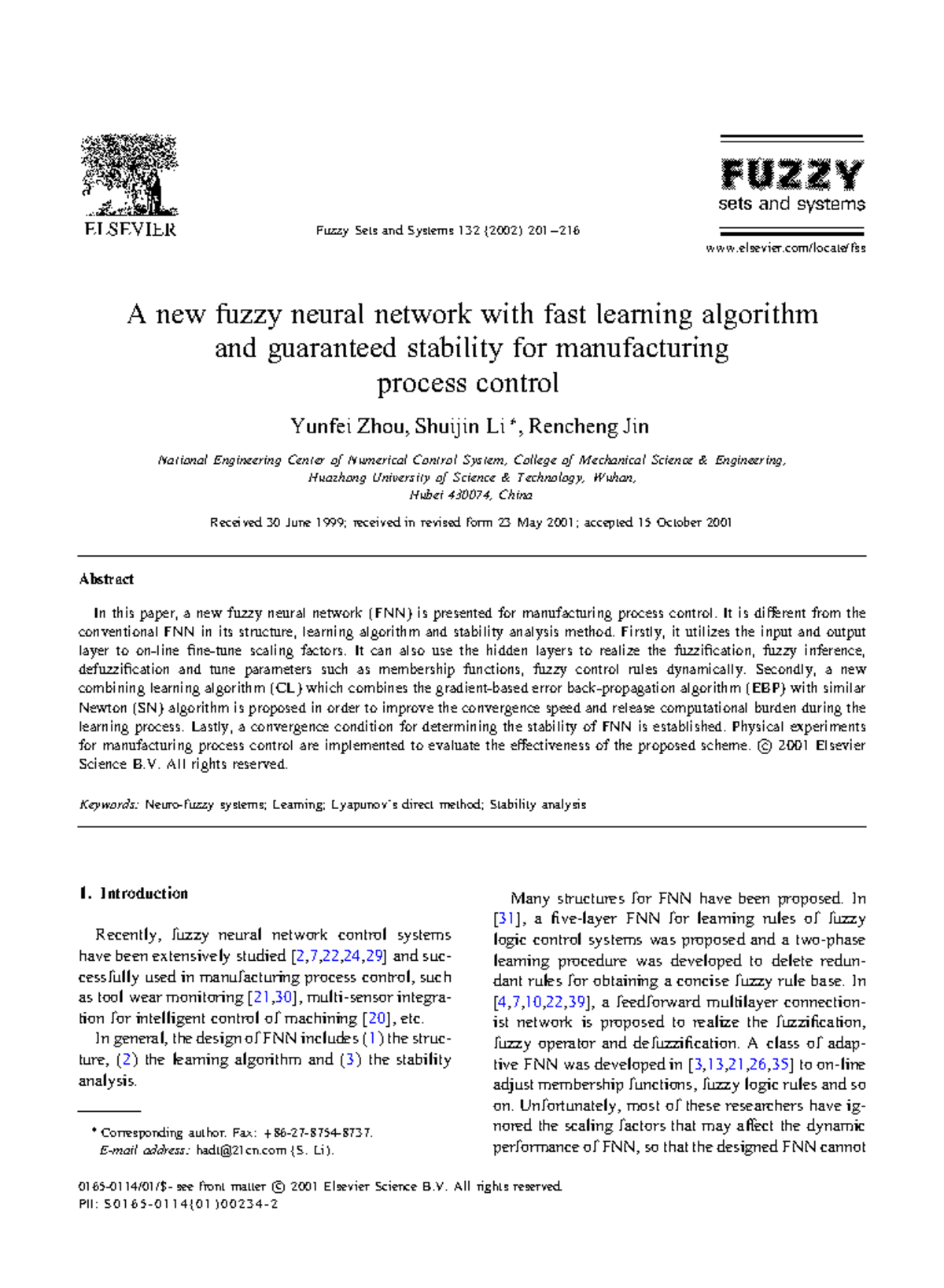 A New Fuzzy Neural Network for Manufacturing Process Control (ENG 132 ...