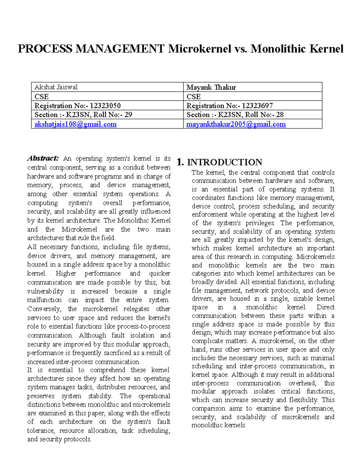 Mayank Akshat Term Paper - PROCESS MANAGEMENT Microkernel vs ...