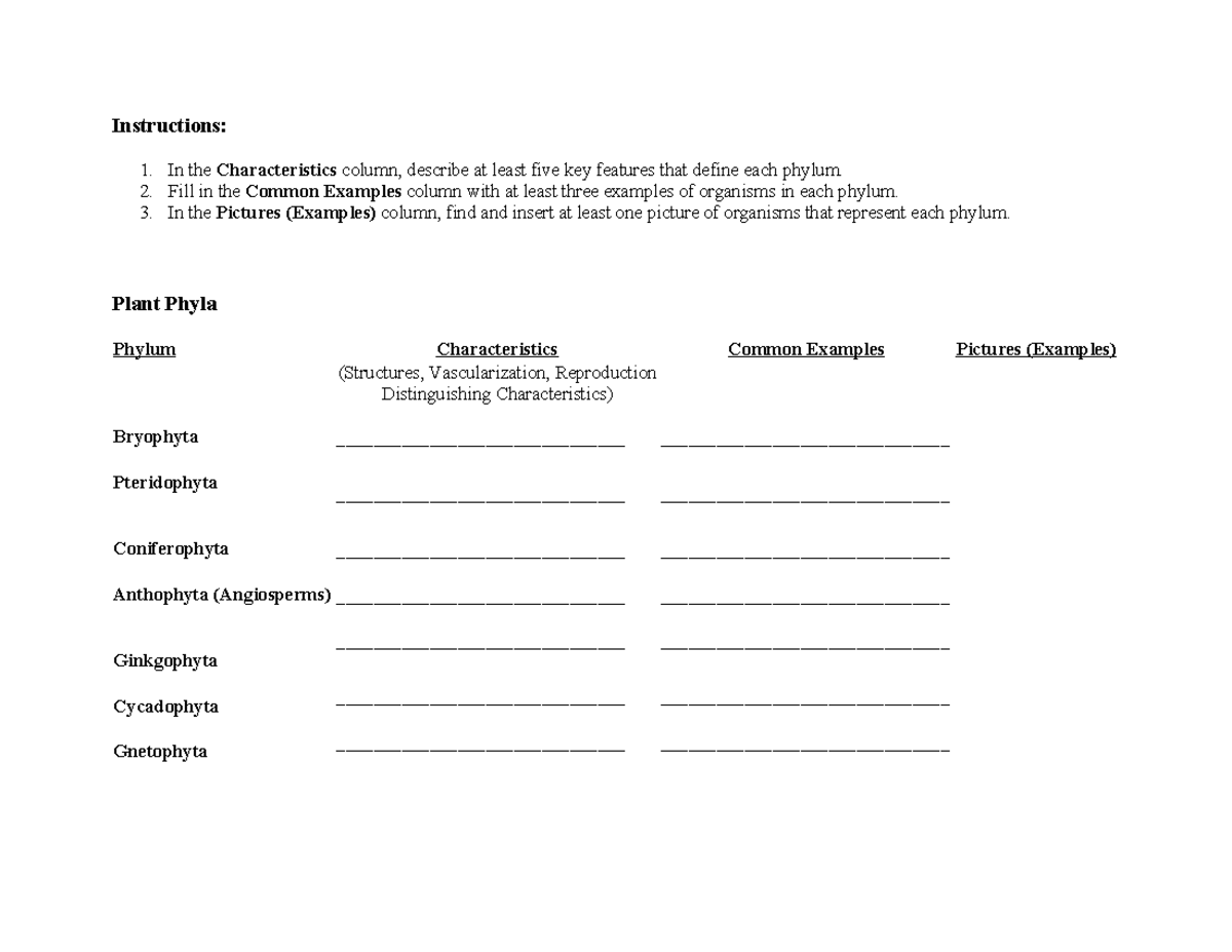 Protista Fungi Animal and Plant Phyla Chart Instructions 1. In the
