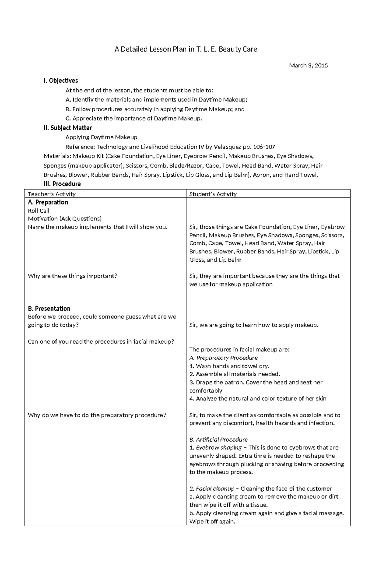 A Comprehensive Lesson Plan for TLE IV: Makeup Application - Studocu