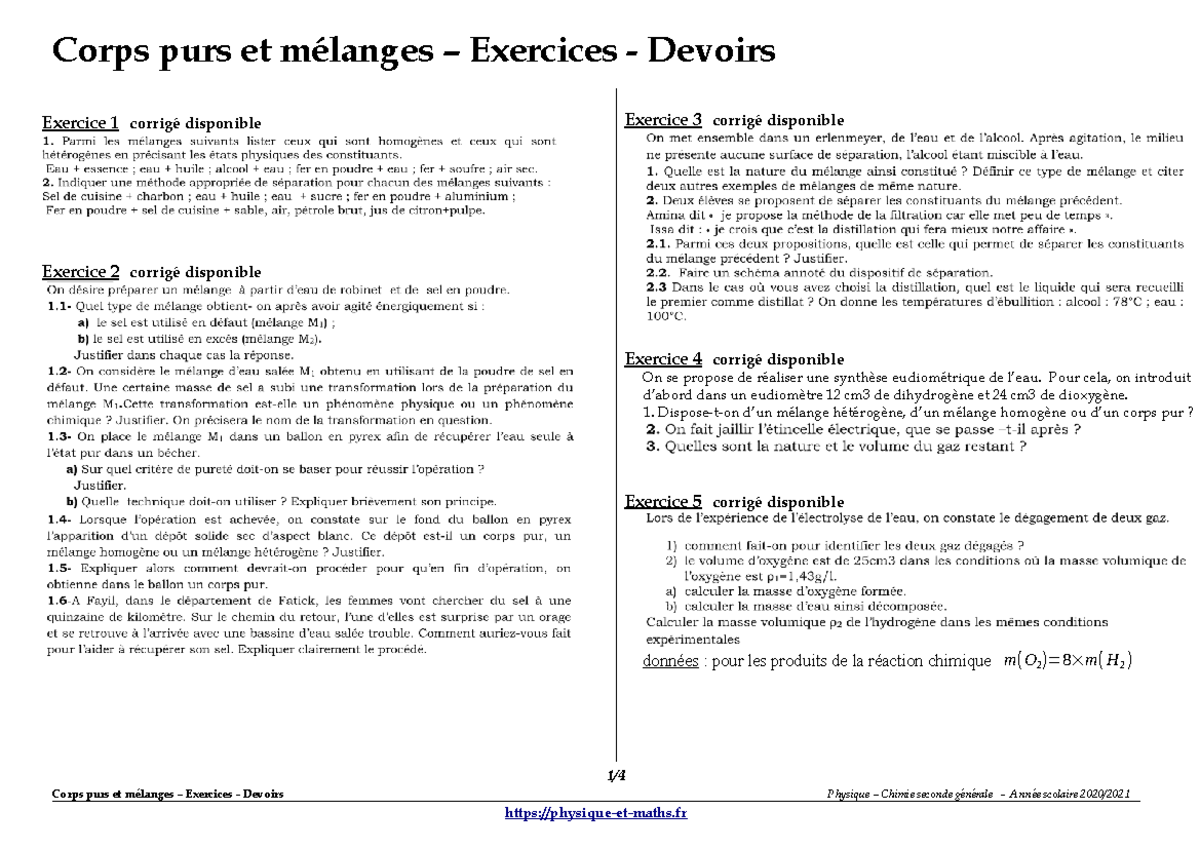 Exercices sur les Corps Purs et Mélanges - Devoirs Physique-Chimie 2nd ...