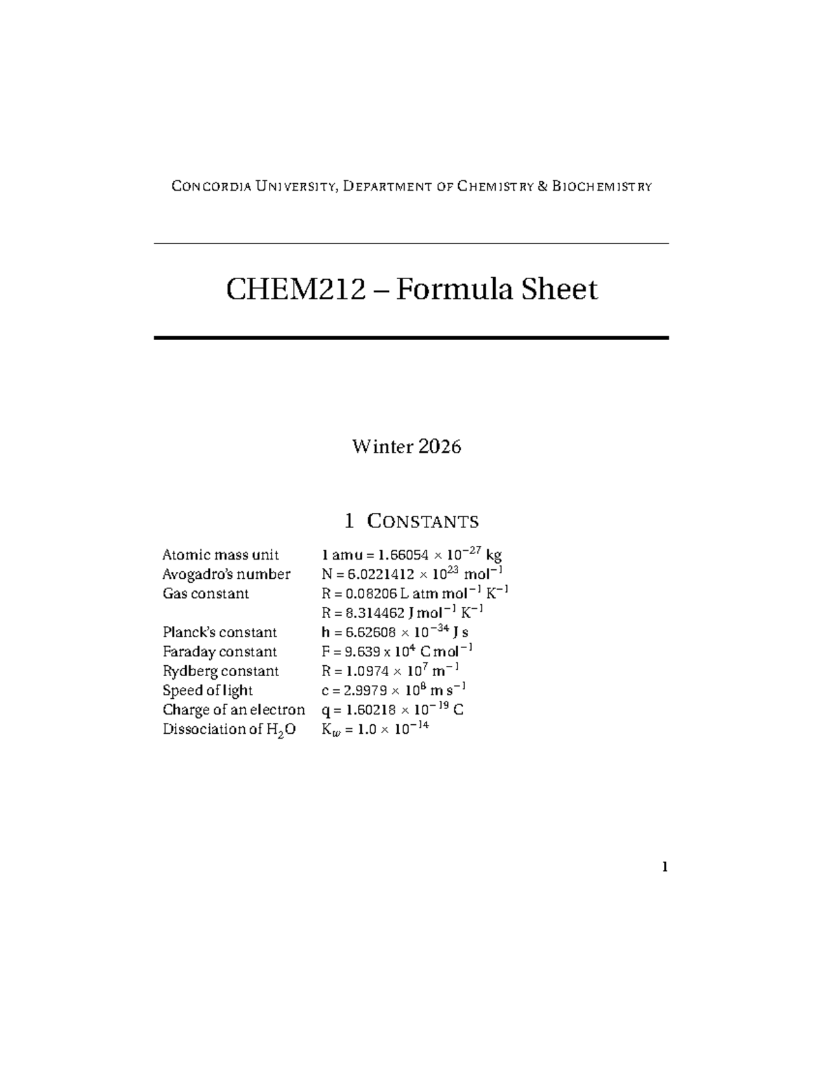 CHEM 212 Biochemistry Formula Sheet Winter 2026 - Studocu