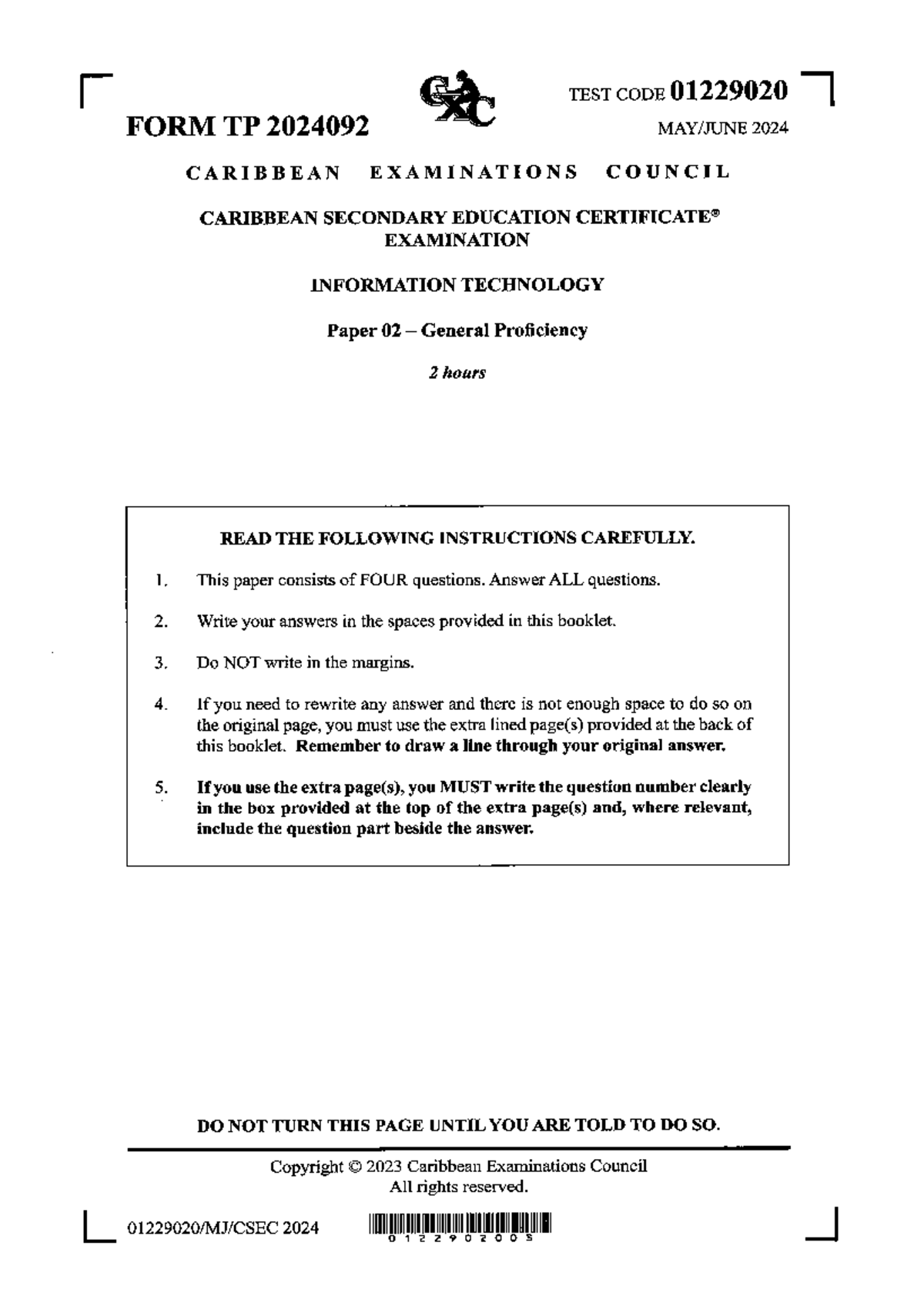 CSEC IT May June P2 2024 - PRACTISE - TEST CODE 01229020 FORM TP ...