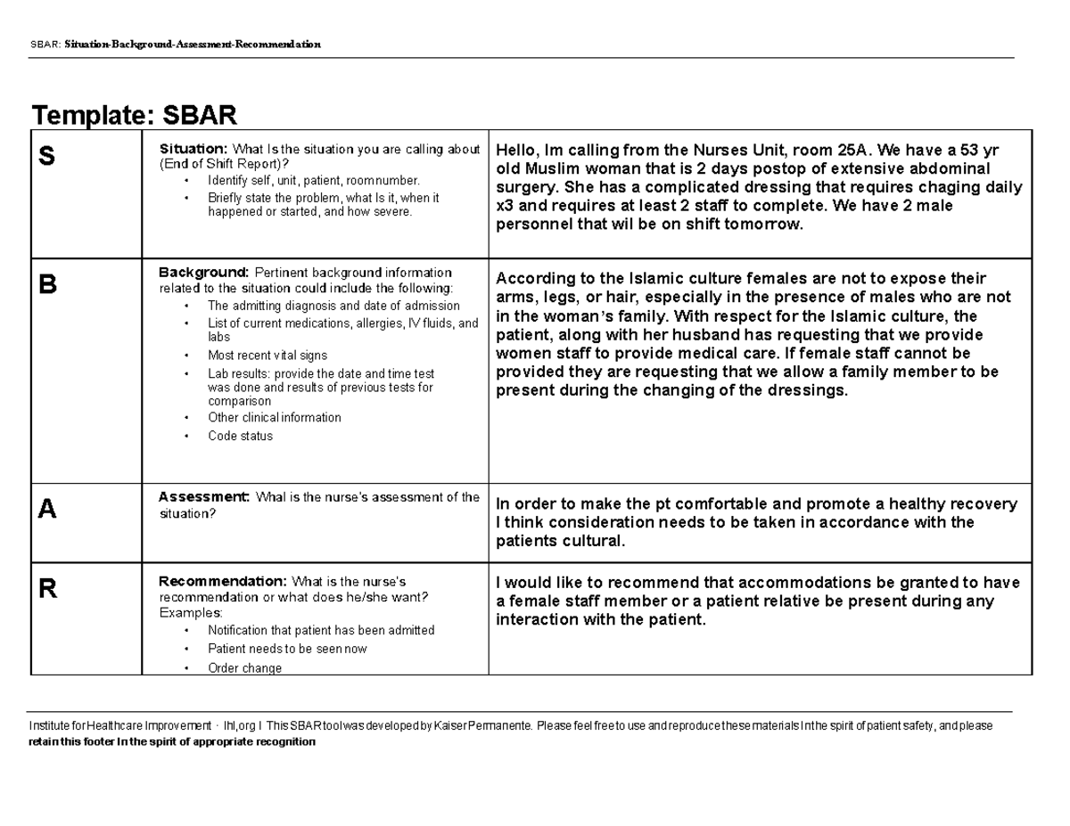 SBAR Form: Cultural Considerations in Patient Care - Studocu