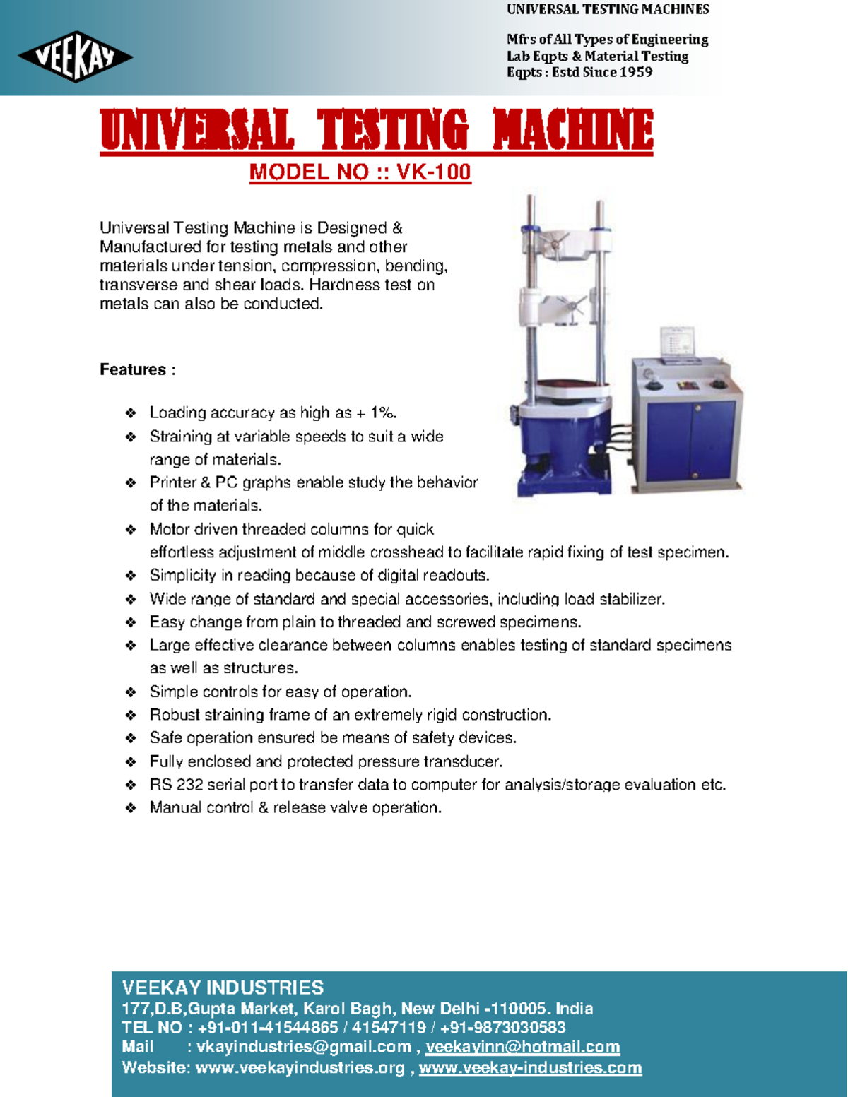 Digital Universal Testing Machine Specifications and Features - Studocu