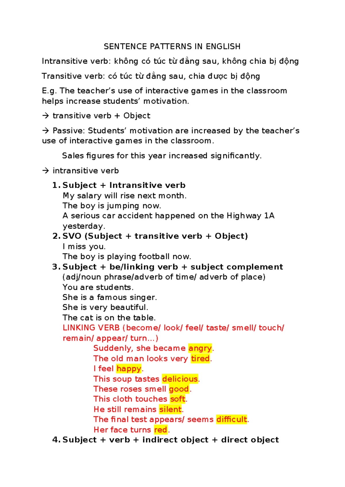 Grammar - ngữ pháp - SENTENCE PATTERNS IN ENGLISH Intransitive verb ...