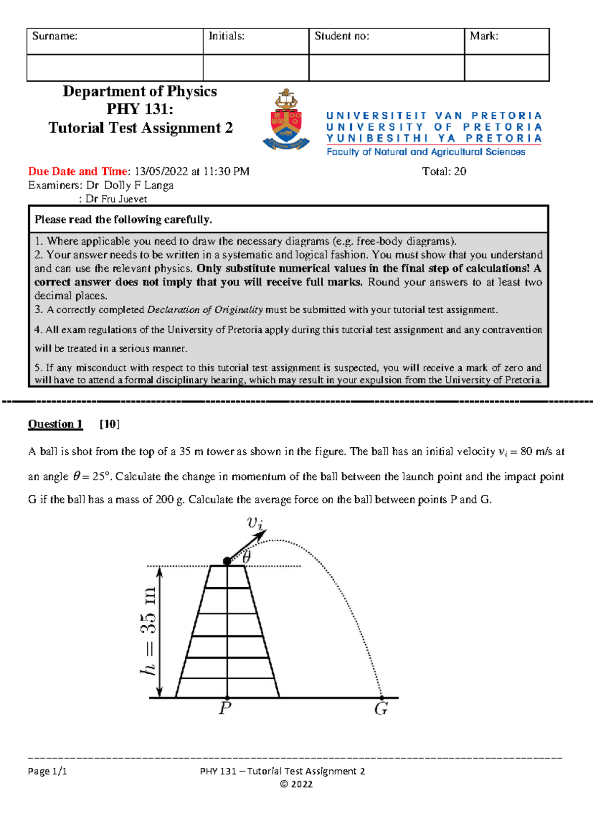 PHY 131 Tutorial Test Assignment 2 - Momentum Analysis - Studocu