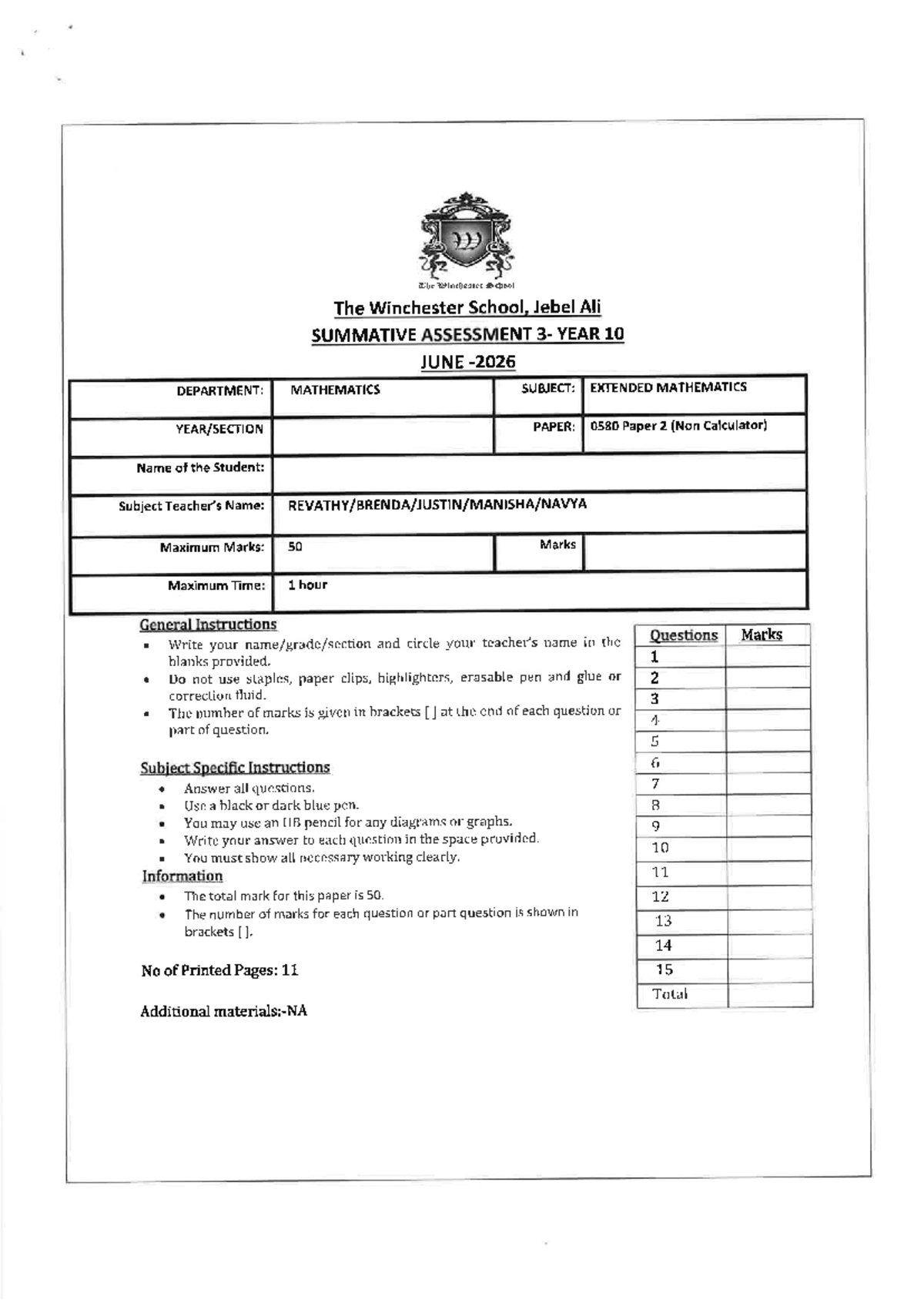 Year 10 Mathematics Summative Assessment Paper 0580 - June - Studocu