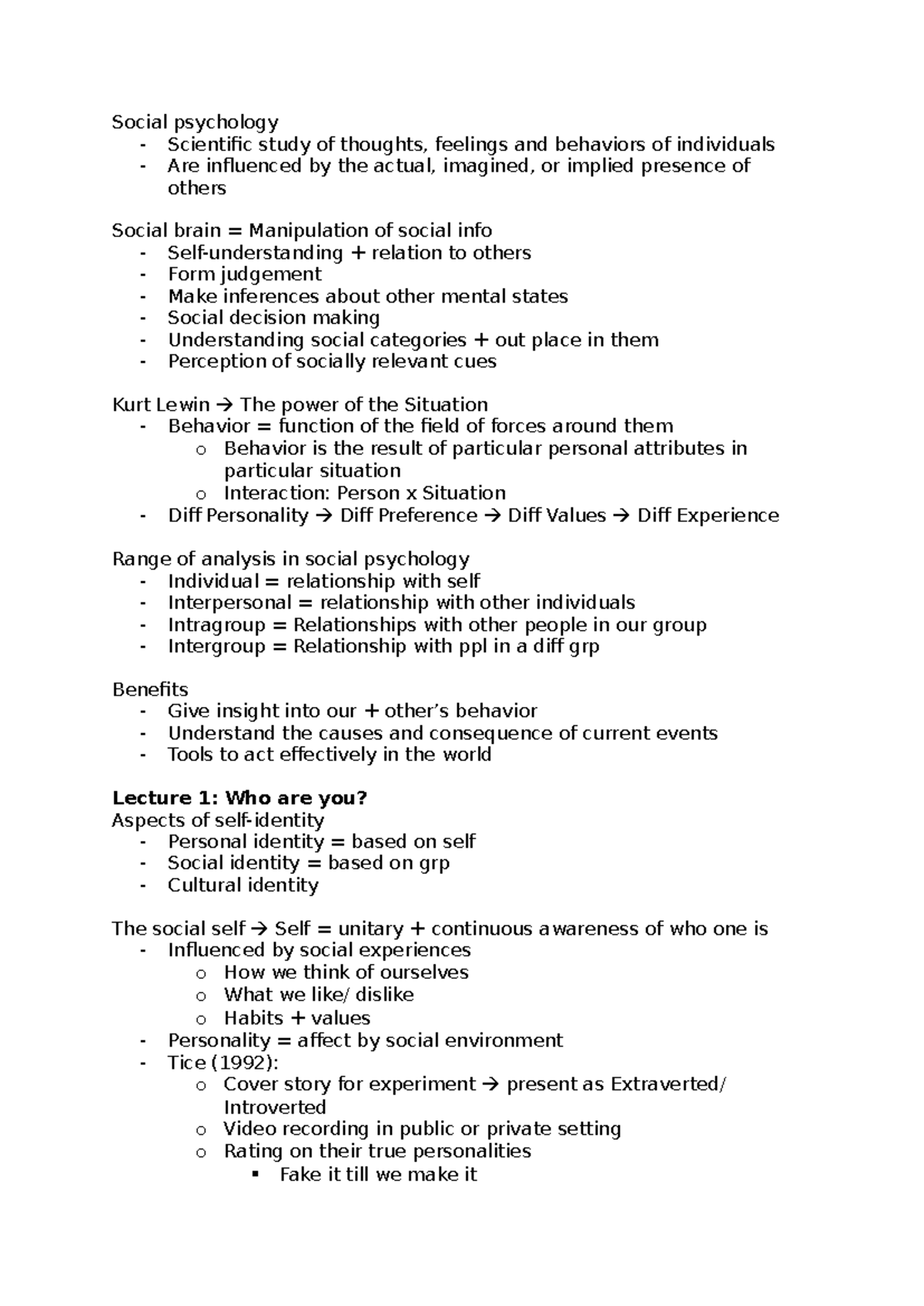 Social Psychology (PSY 101): Lecture Notes on Identity and Behavior ...