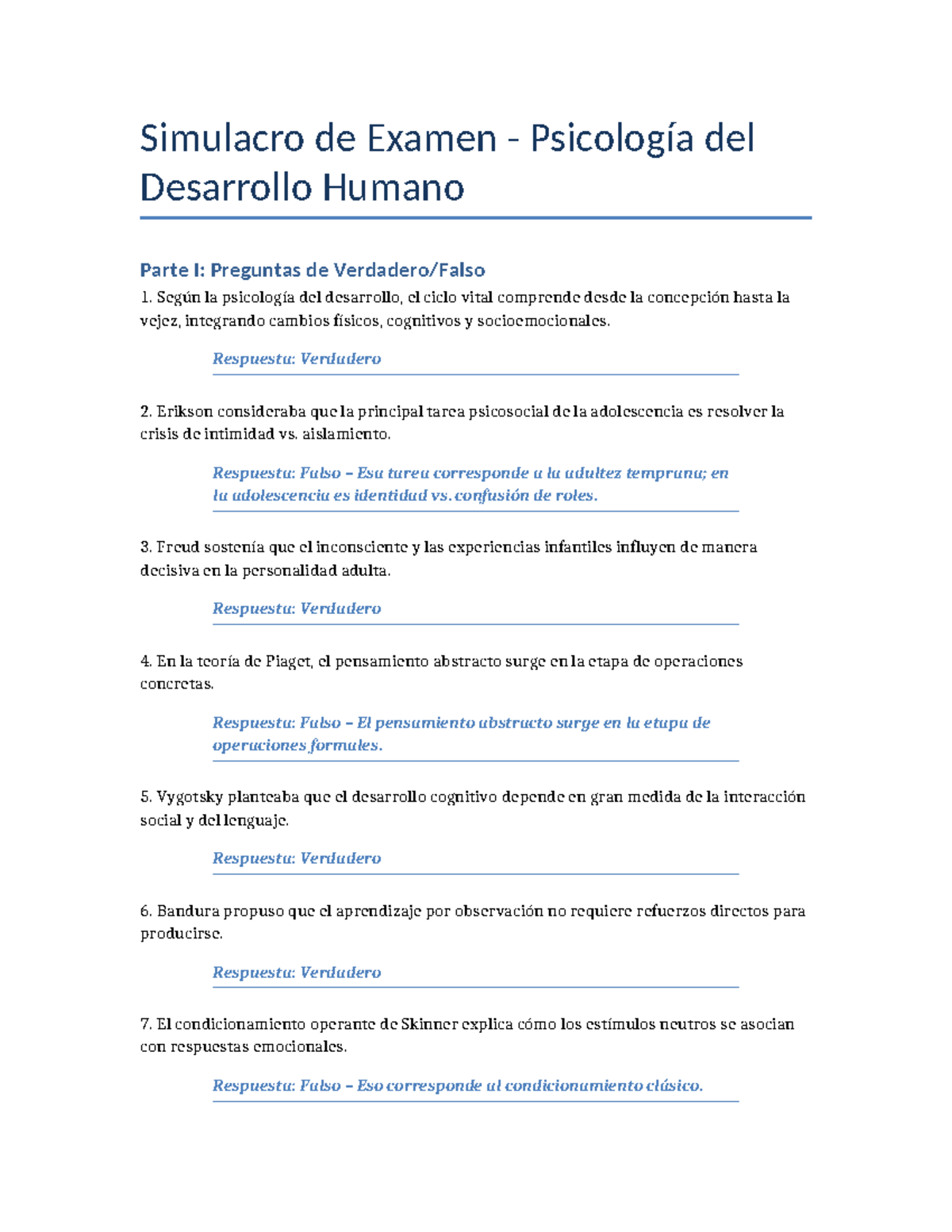 Simulacro de Examen PSIC 101: Desarrollo Humano Parte I y II - Studocu