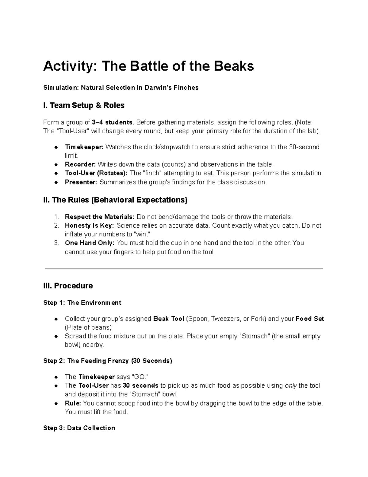 Natural Selection Activity: The Battle of the Beaks Simulation - Studocu