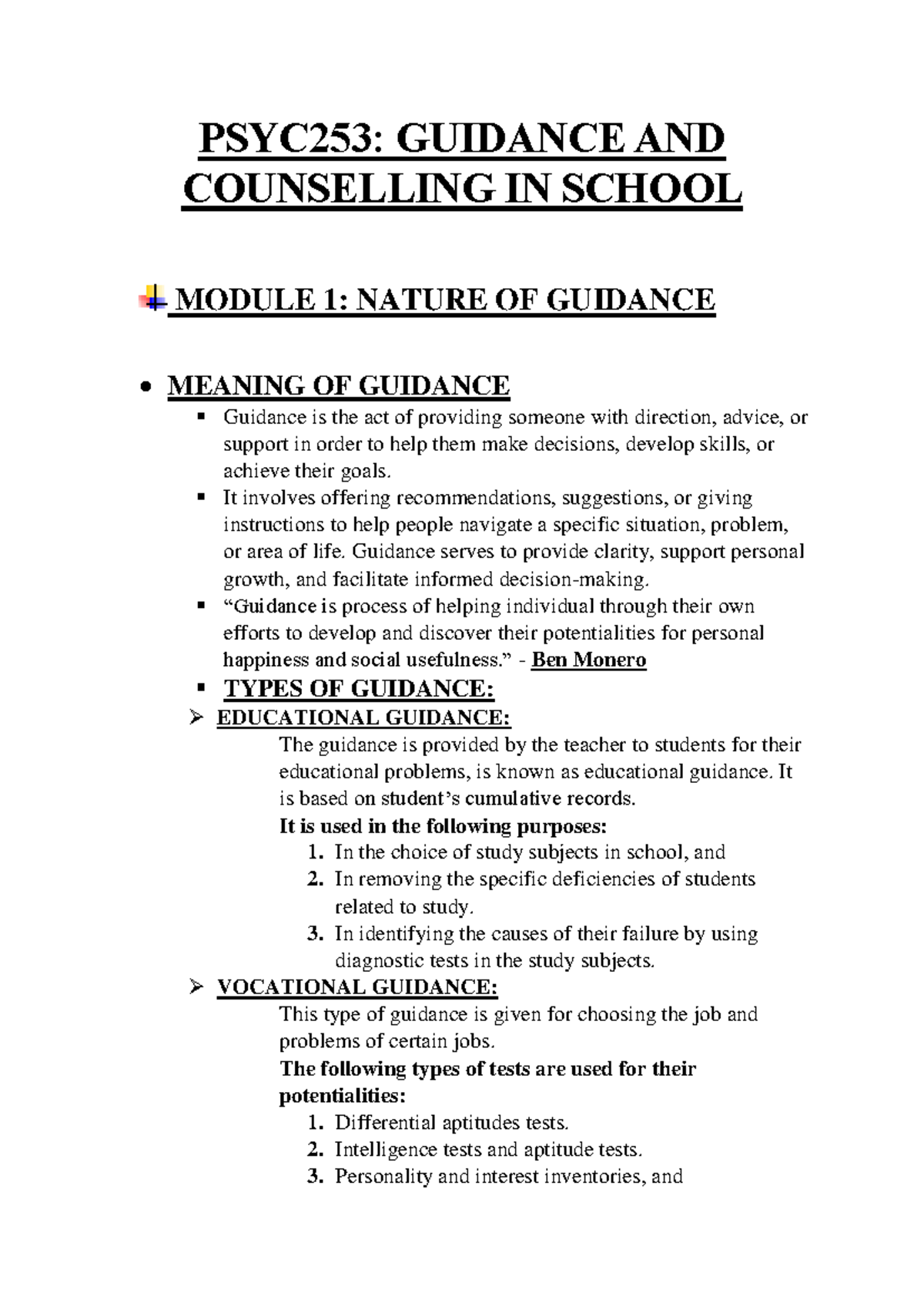 PSYC253: Guidance and Counseling in School - Comprehensive Notes - Studocu