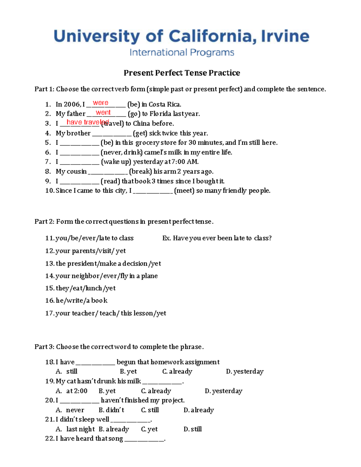 Hiện tại hoàn thành exercises - Present Perfect Tense Practice Part 1 ...