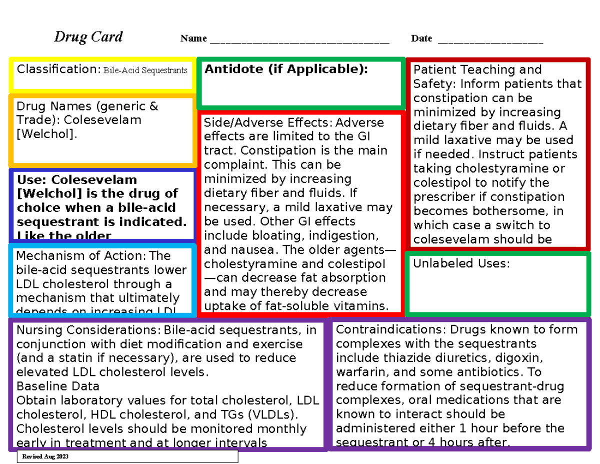 Drug Card: Bile-Acid Sequestrants Overview and Nursing Considerations ...