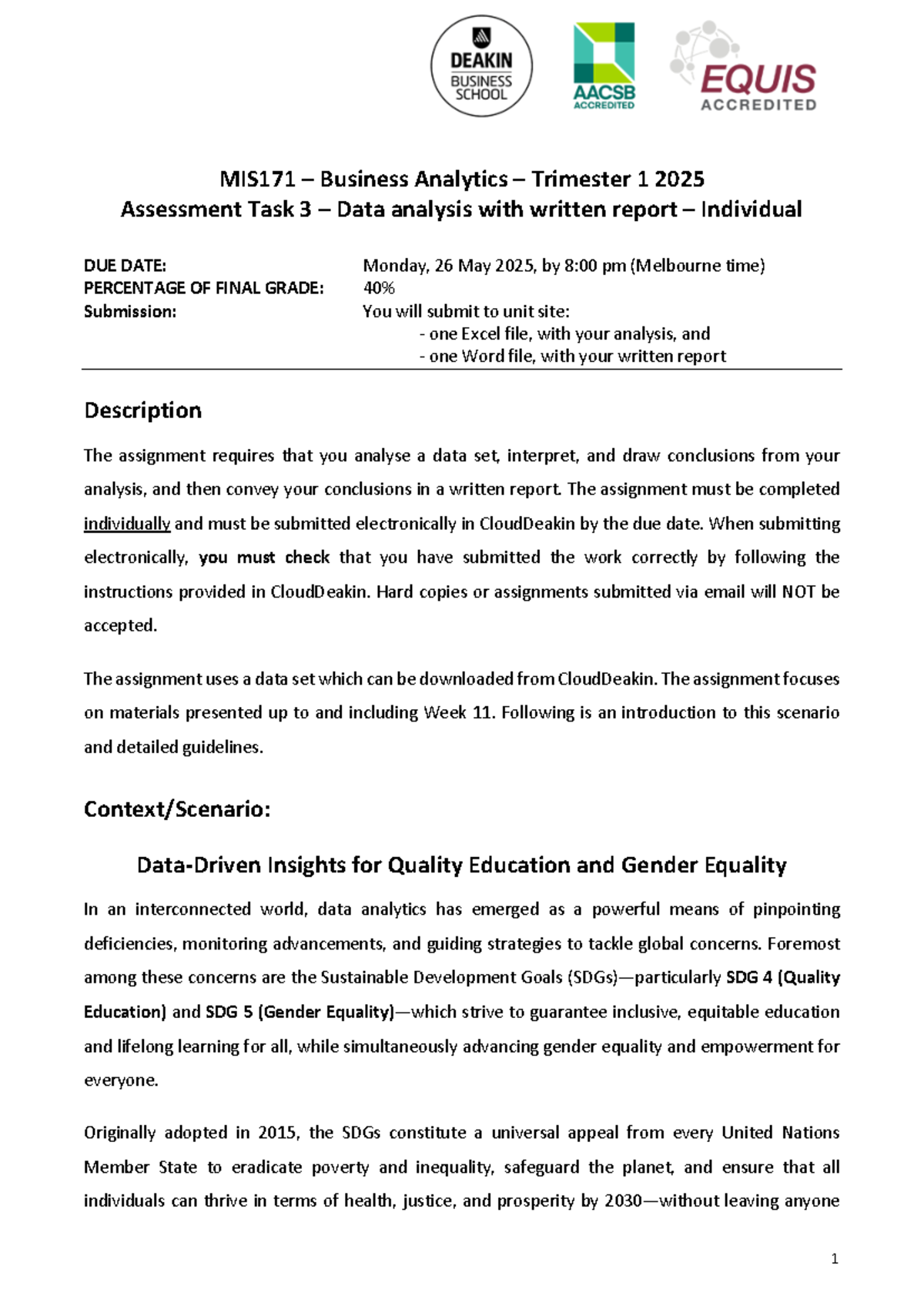 MIS171 T1 2025 Assessment Task 3: Data Analysis & Report on SDG ...
