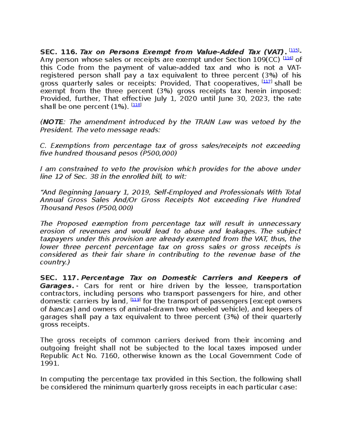 SEC 116-127 OPT - Overview of Exemptions and Taxation Guidelines - Studocu