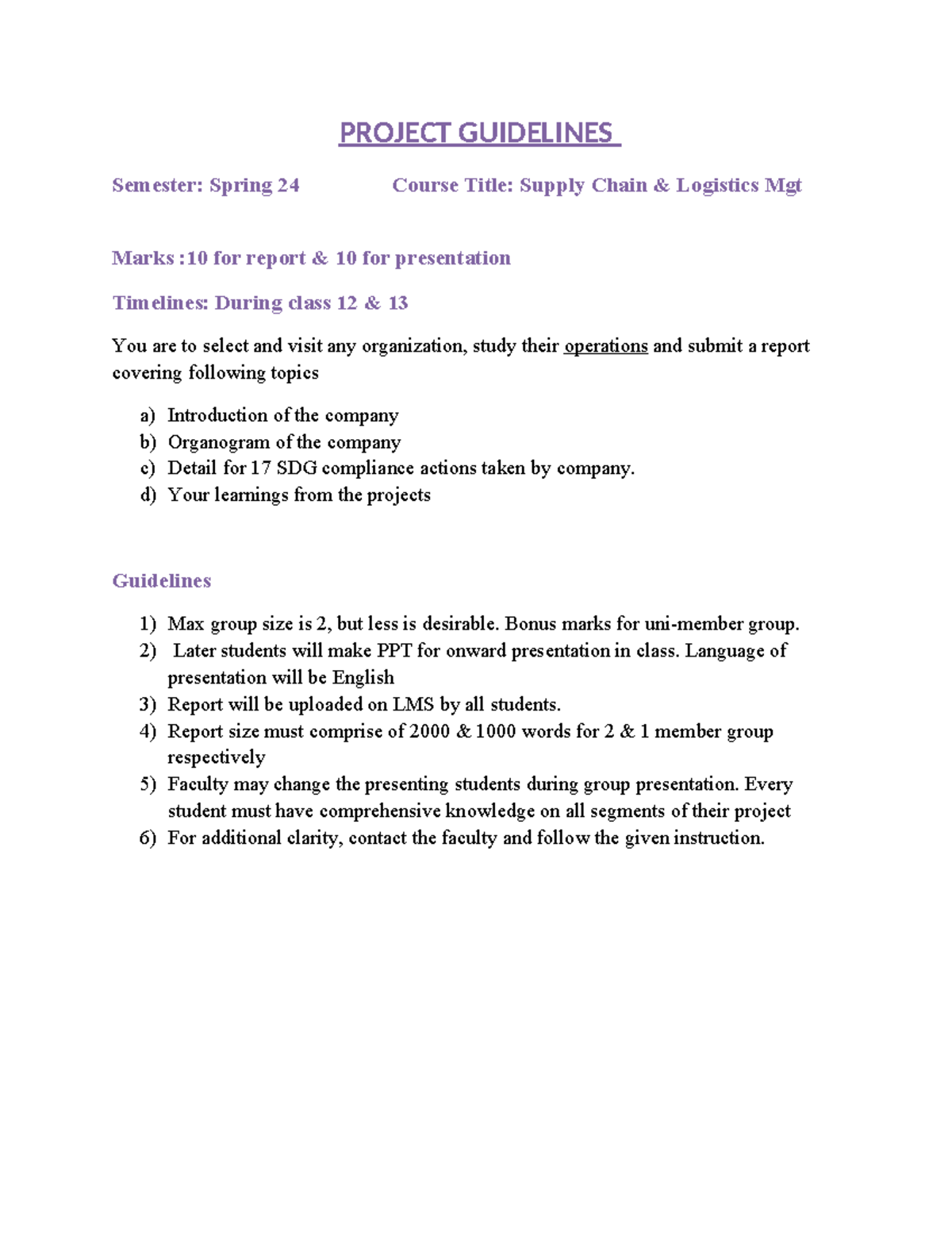 Project guidelines-scm (16 oct - PROJECT GUIDELINES Semester: Spring 24 ...