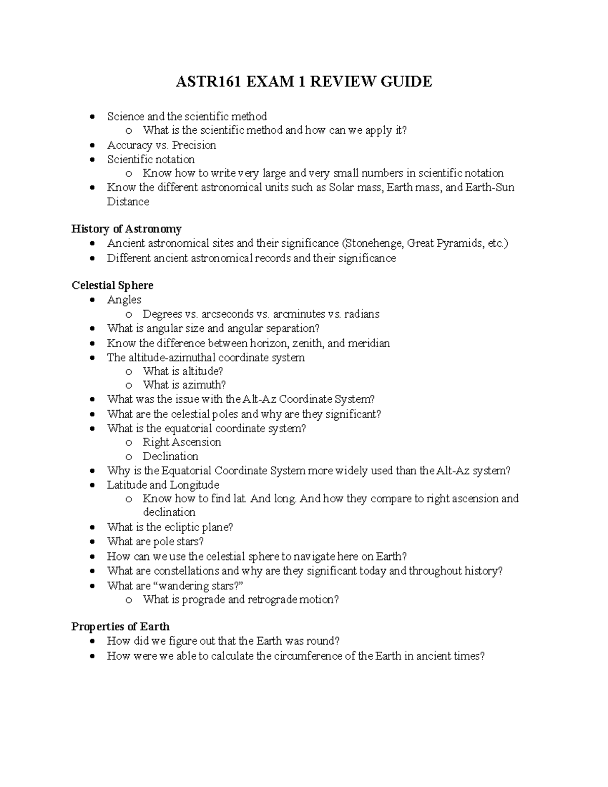 ASTR161 Exam 1 Review: Key Concepts in Astronomy and Physics - ASTR161 ...