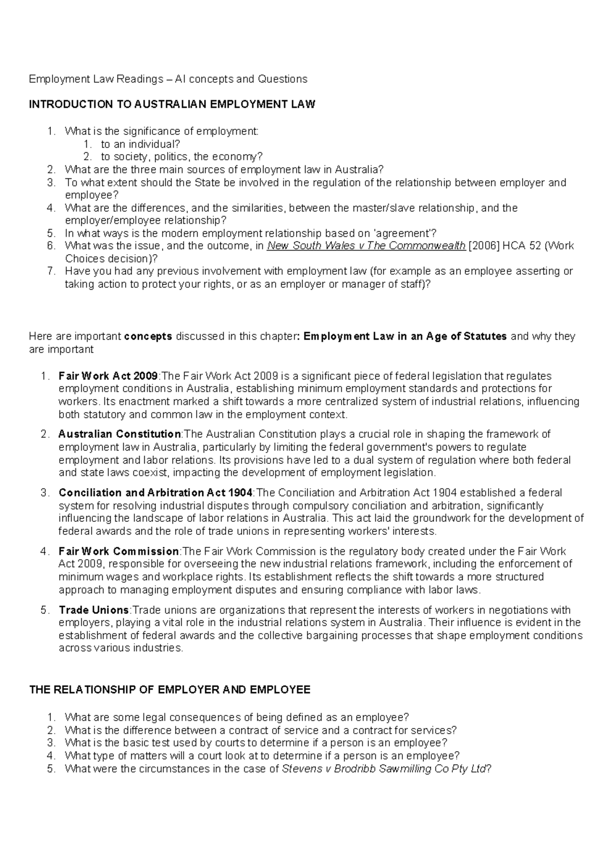 Employment Law Readings: Key Concepts and Questions (LAWS101) - Studocu