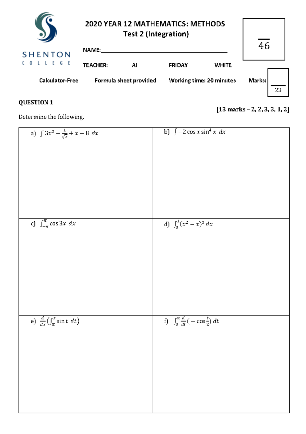 2020 YEAR 12 MATH METHODS Test 2 (Integration) - Formula Sheet - Studocu