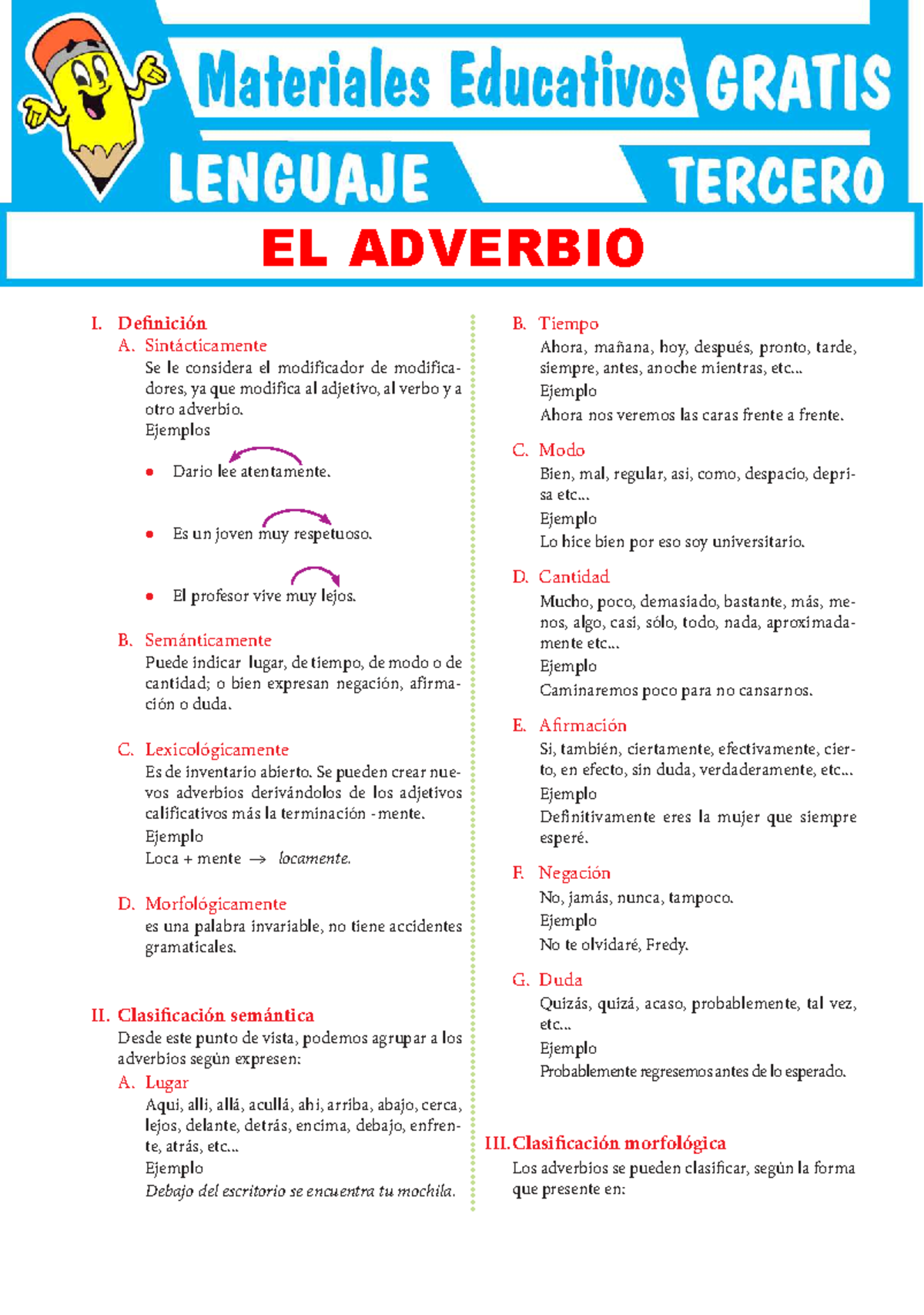 El Adverbio y su Clasificación - Tercer Grado de Secundaria - Studocu