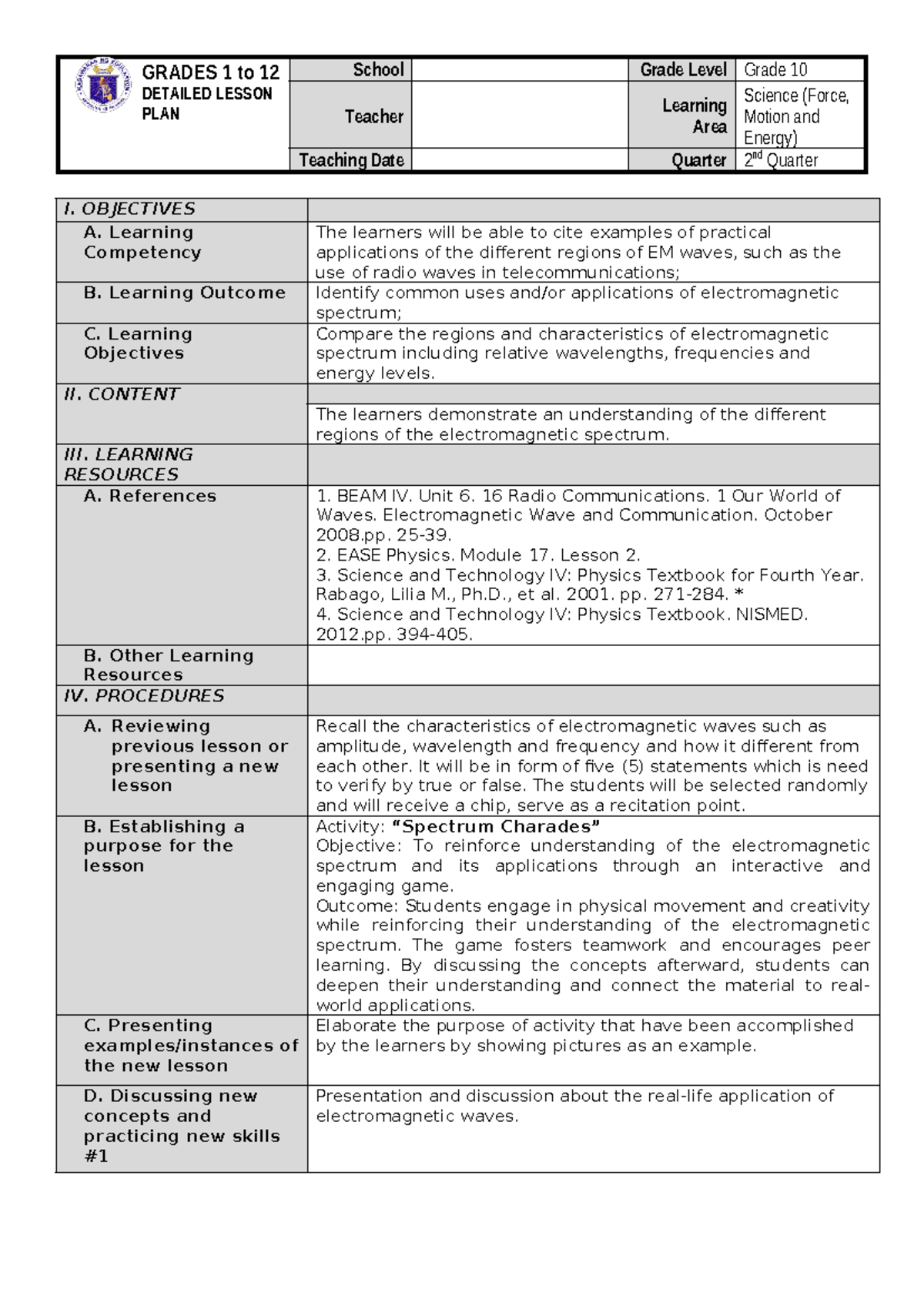 Lesson Plan: Electromagnetic Spectrum for Grade 10 (Quarter 2) - Studocu