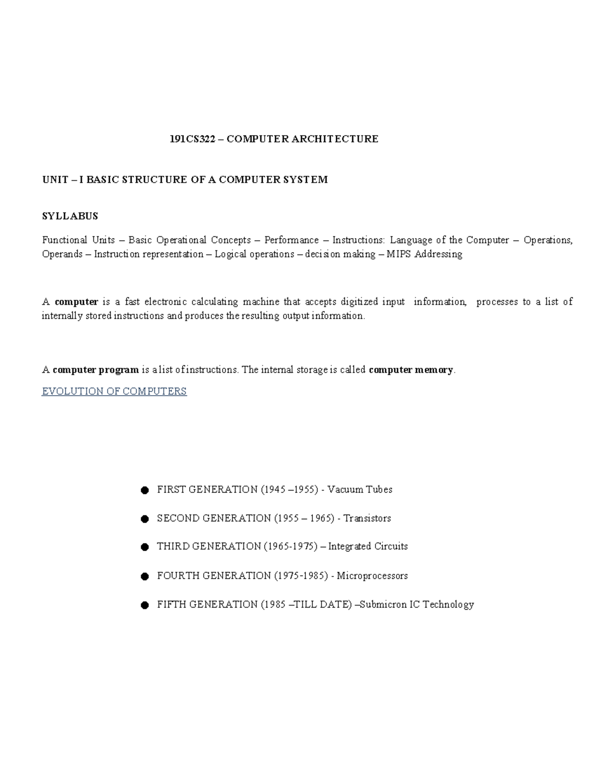 191CS322 COMPUTER ARCHITECTURE UNIT I: BASIC STRUCTURE & FUNCTIONAL ...