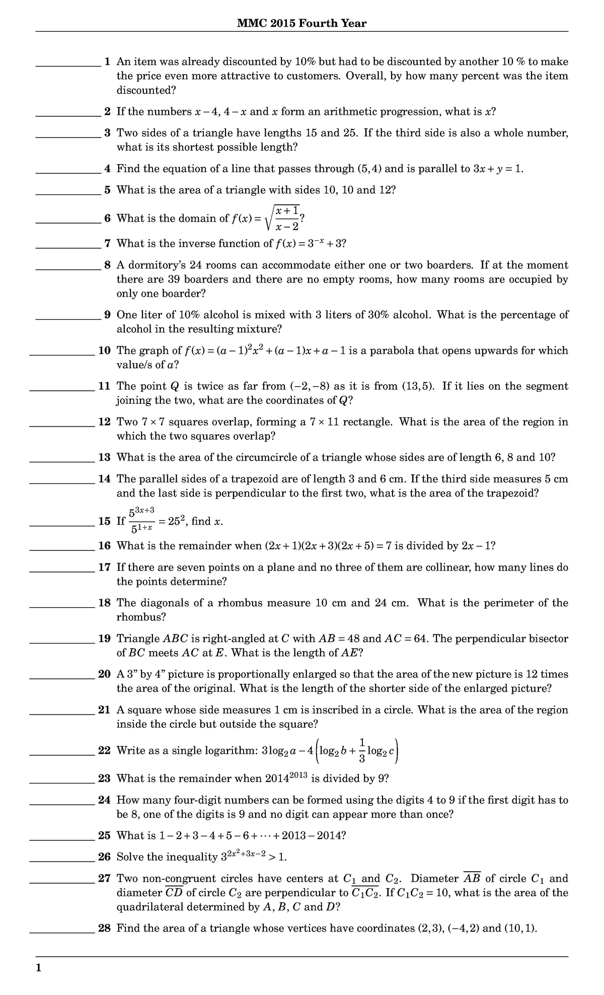 4thyrmmc 2015 - math - MMC 2015 Fourth Year ____________ 1 An item was ...