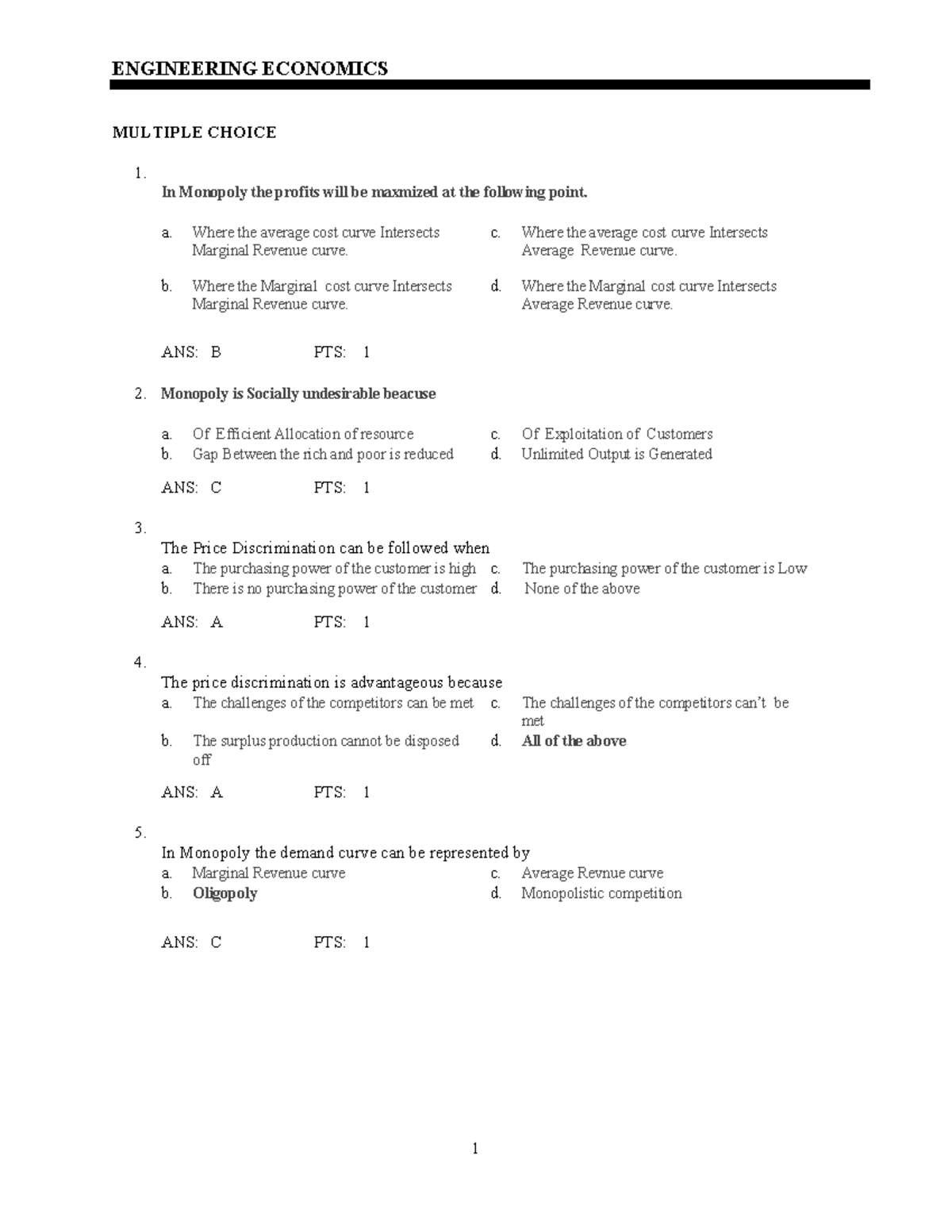 MEFA MIDTERM 2: Engineering Economics MCQs and Key Concepts - Studocu
