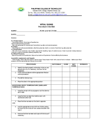 Vital SIGN Checklist - PHILIPPINE COLLEGE OF TECHNOLOGY Garden Park ...