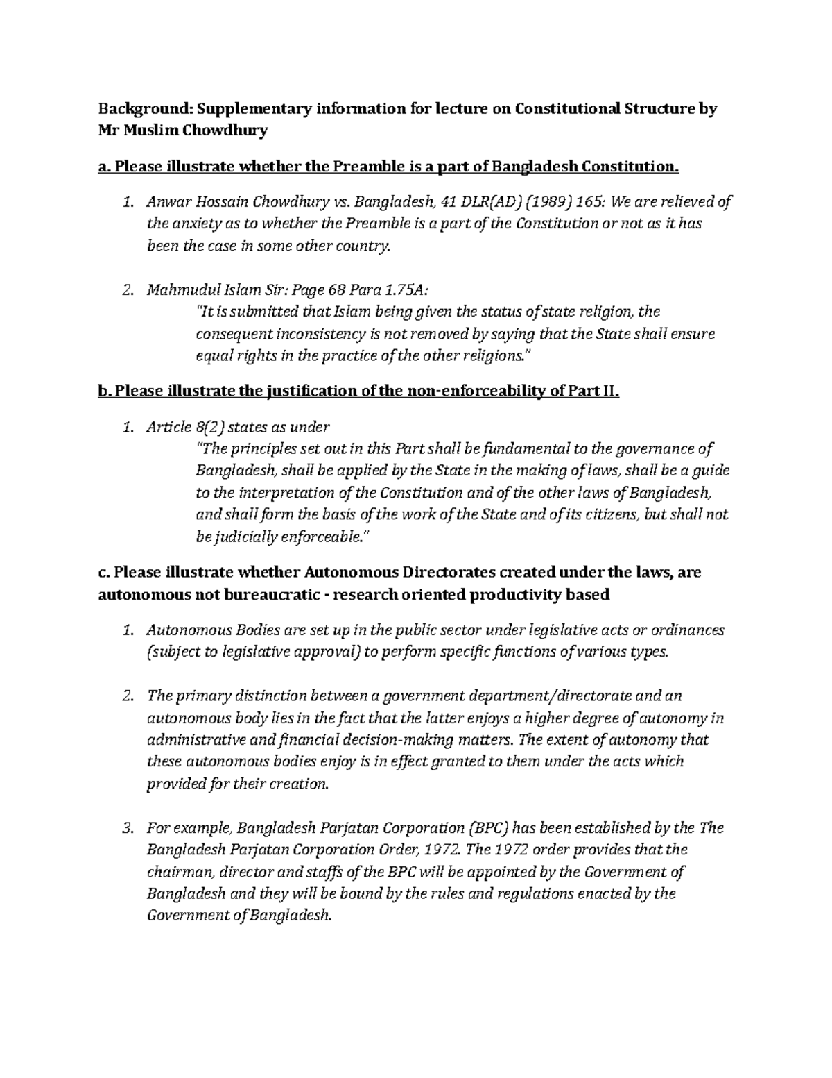 LR - Lecture Notes on Bangladesh Constitution Article 77 and Related ...