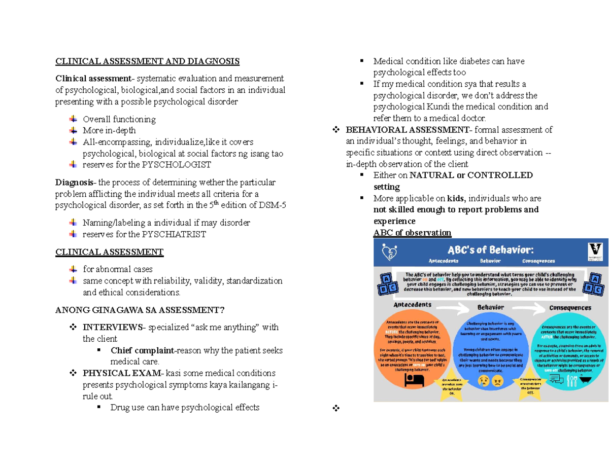 CLINICAL ASSESSMENT AND DIAGNOSIS: A Comprehensive Overview - Studocu