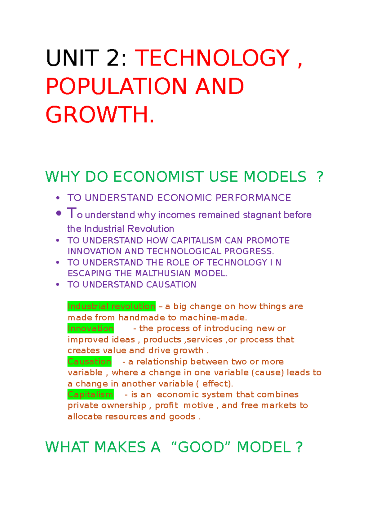 UNIT 3 Economics 114 - Key Concepts of Population and Technology - Studocu