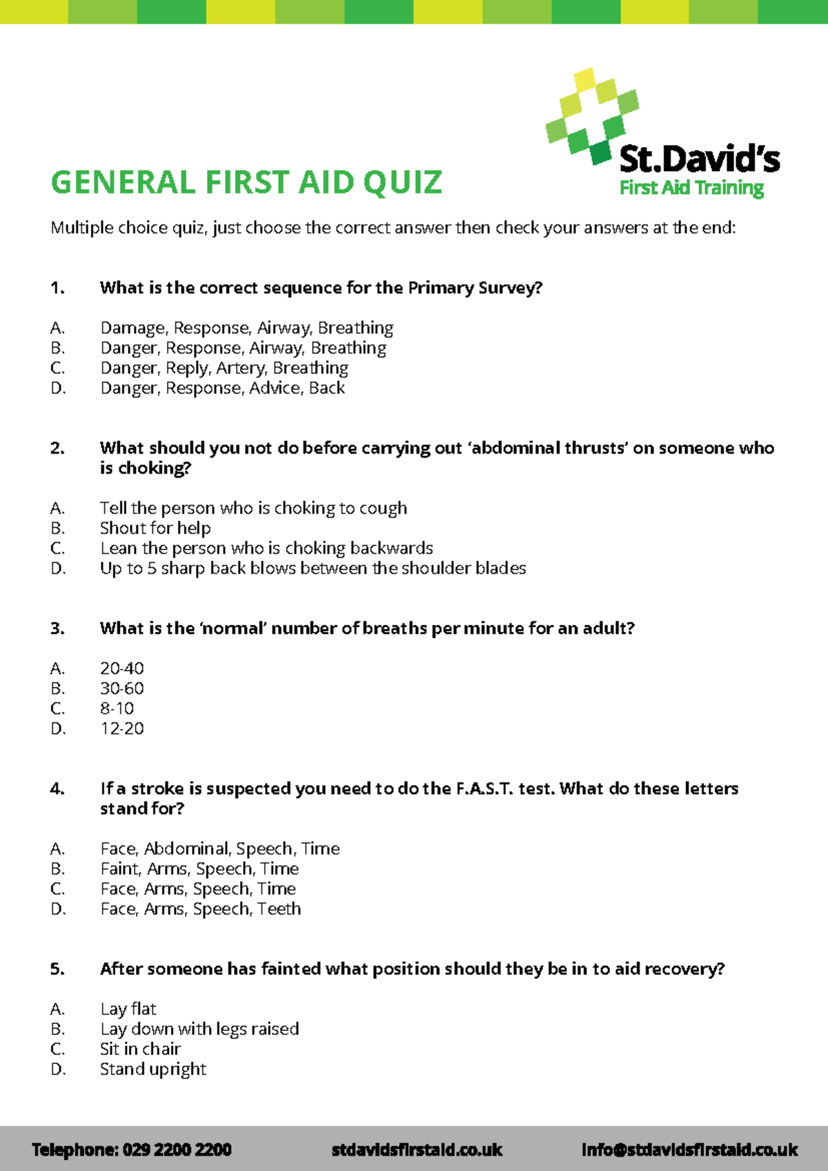 GENERAL FIRST AID QUIZ: Multiple Choice Questions & Answers - Studocu