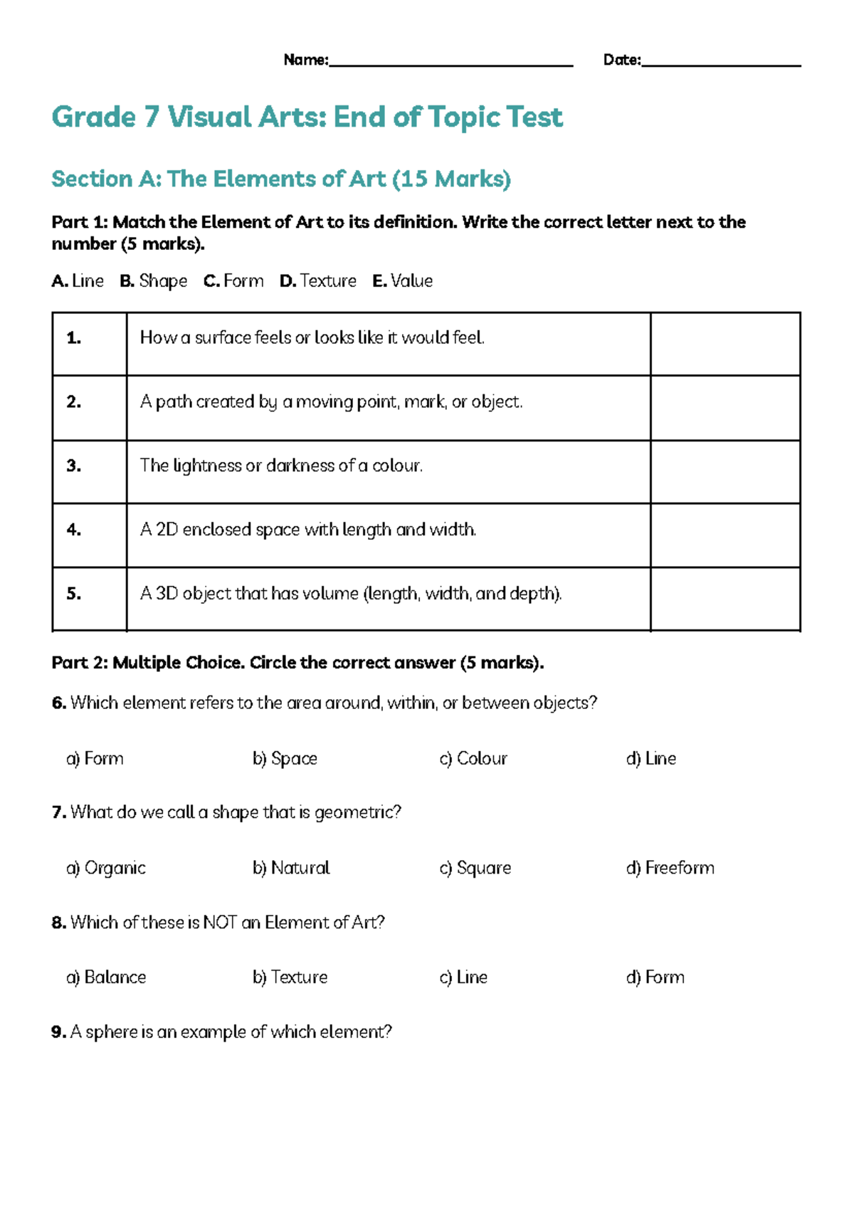 Grade 7 Visual Arts: End of Topic Test (Elements & Principles) - Studocu