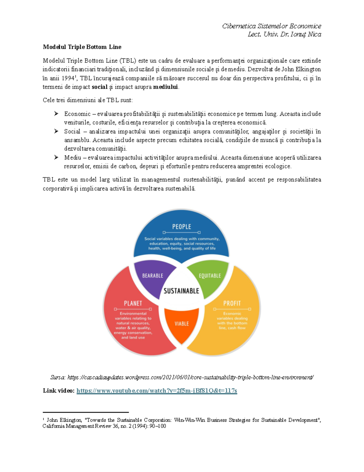 Cibernetica Sistemelor Economice Seminar TBL - Modelul Triple Bottom ...