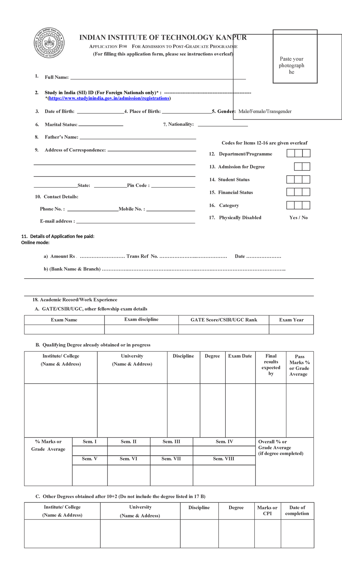 IIT Kanpur Admission Application Form for Degree Programs - Studocu