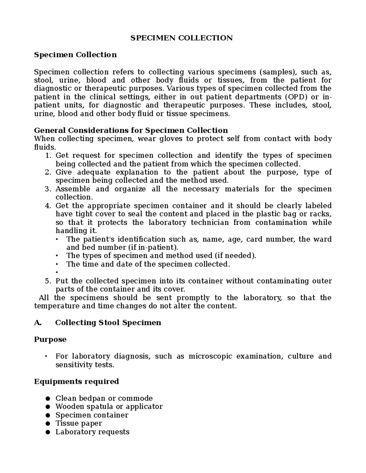 Specimen Collection - SPECIMEN COLLECTION Specimen Collection Specimen ...