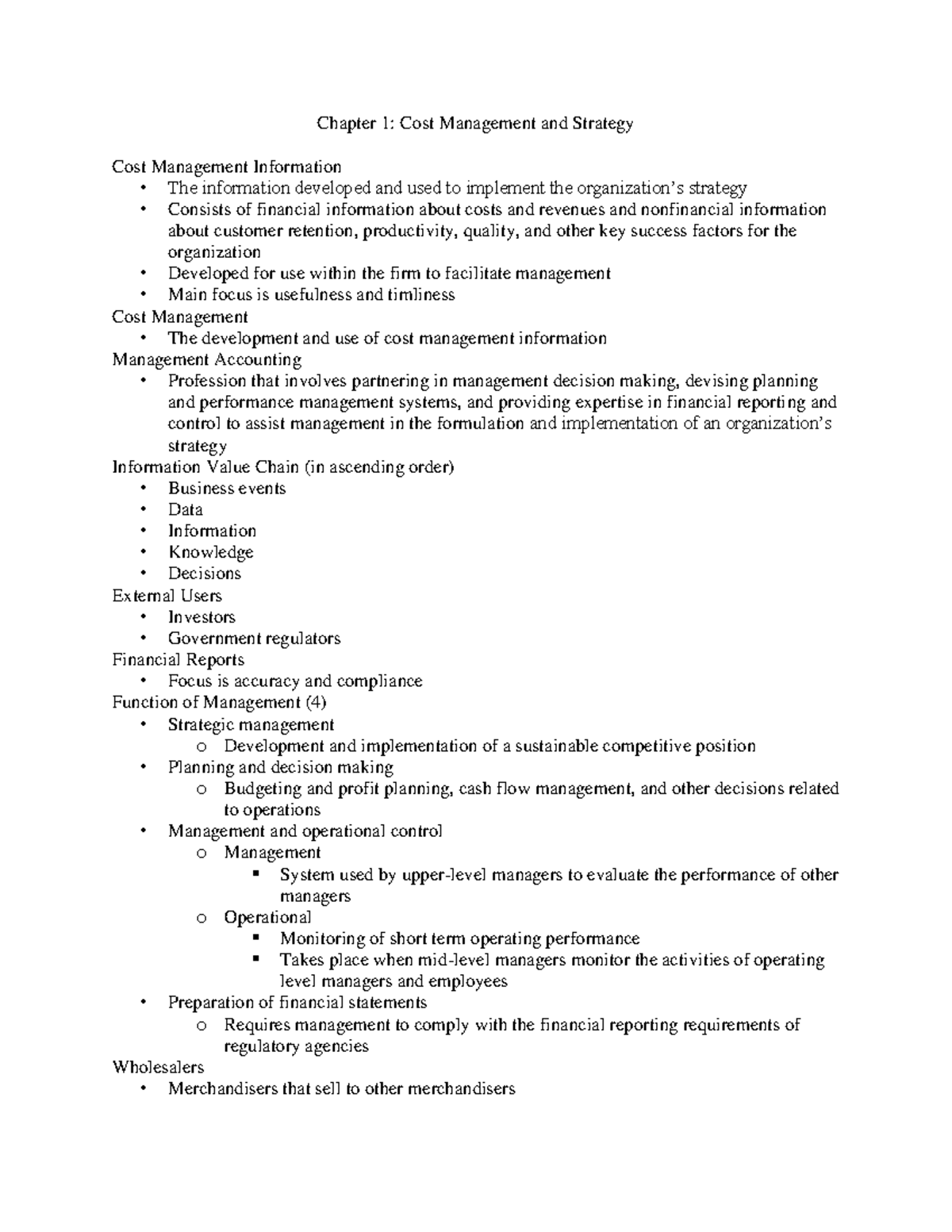 Summary - Chapter 1 to 18 - Chapter 1: Cost Management and Strategy ...