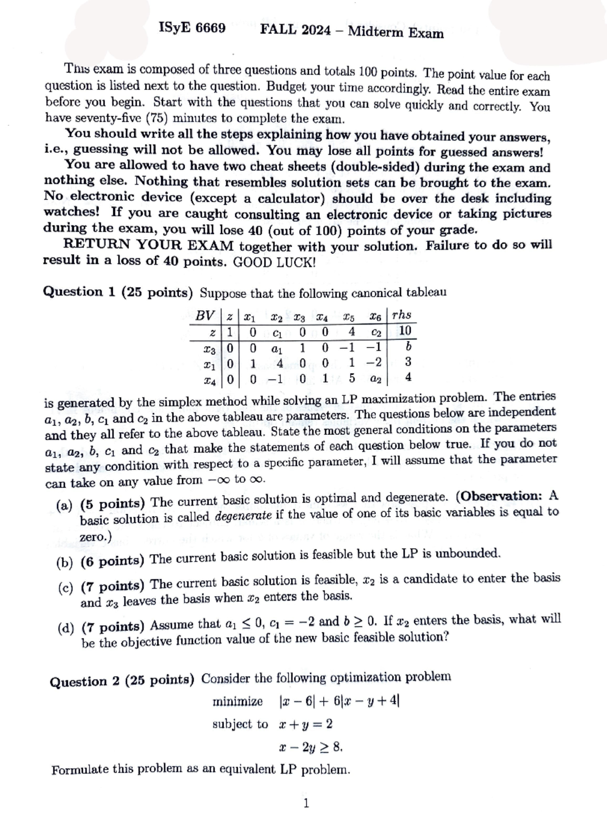 ISYE 6669 Midterm Exam 1 - Fall 2024 Overview & Questions - Studocu