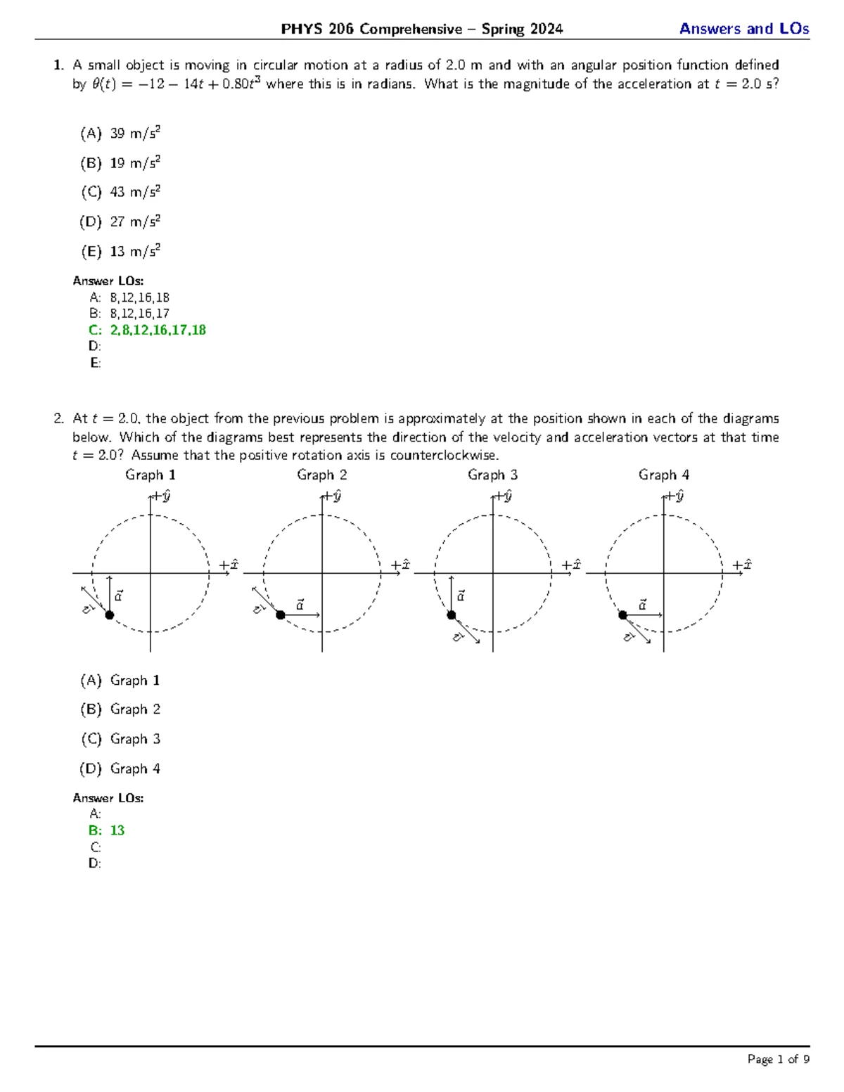 PHYS 206 Comprehensive Fall 2024 Answer Key and Points - Studocu