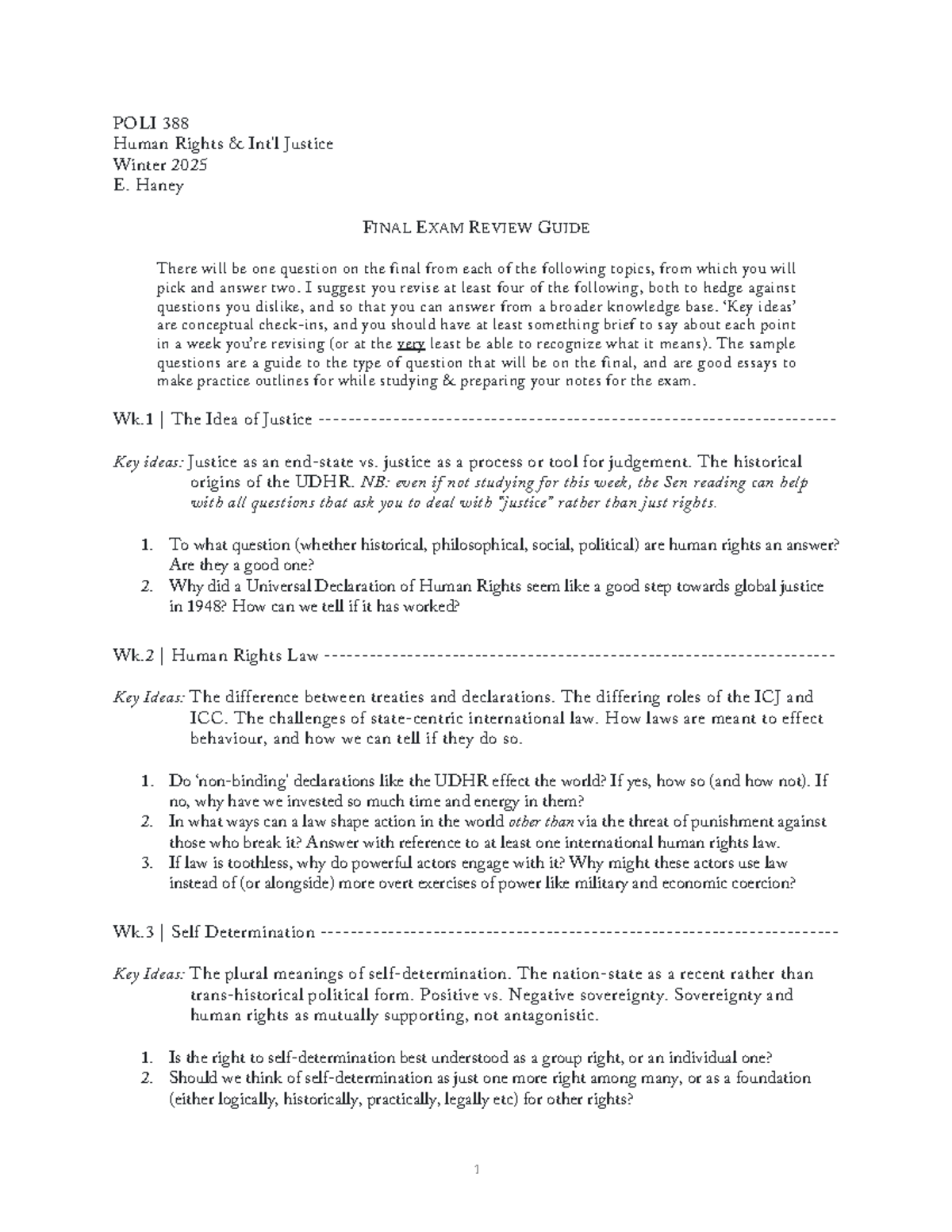 388 Final Exam Review Guide Winter 2025 - POLI 388 Human Rights & Int’l ...