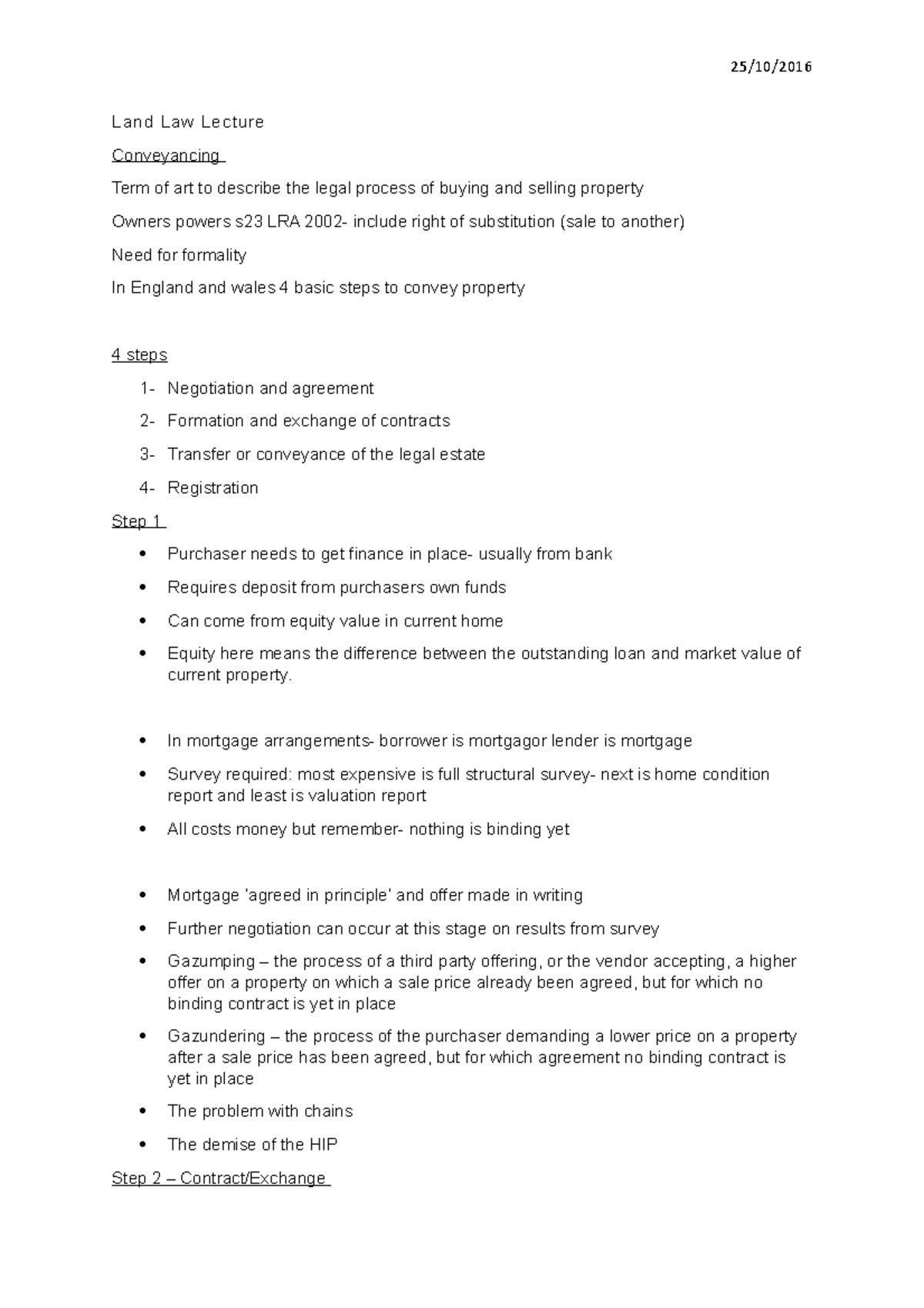 Conveyancing Process in Land Law - Lecture Notes (25/10/2016) - Studocu