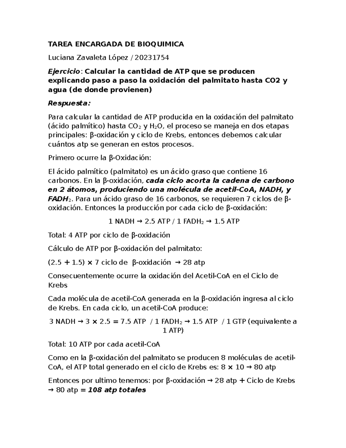 Tarea de Bioquímica: Oxidación del Palmitato y Producción de ATP - Studocu