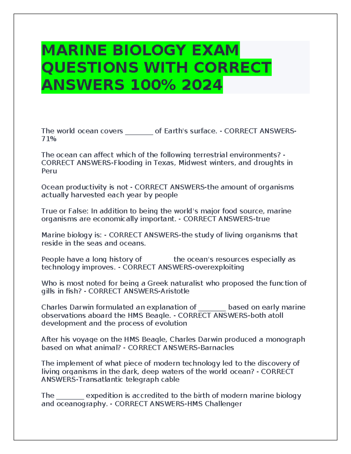 MARINE BIOLOGY EXAM QUESTIONS & ANSWERS 2024 - Studocu