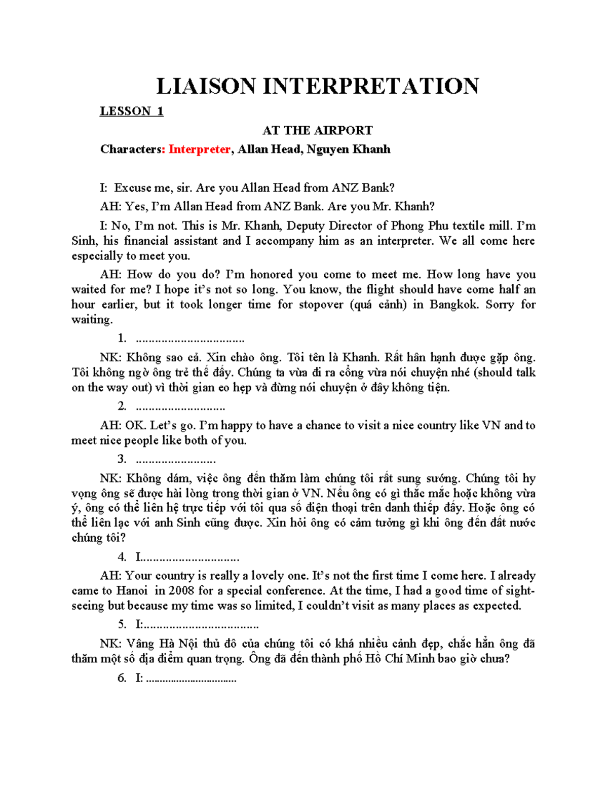 Liaison Interpretation Lesson 1: Airport Dialogue for ST - Studocu
