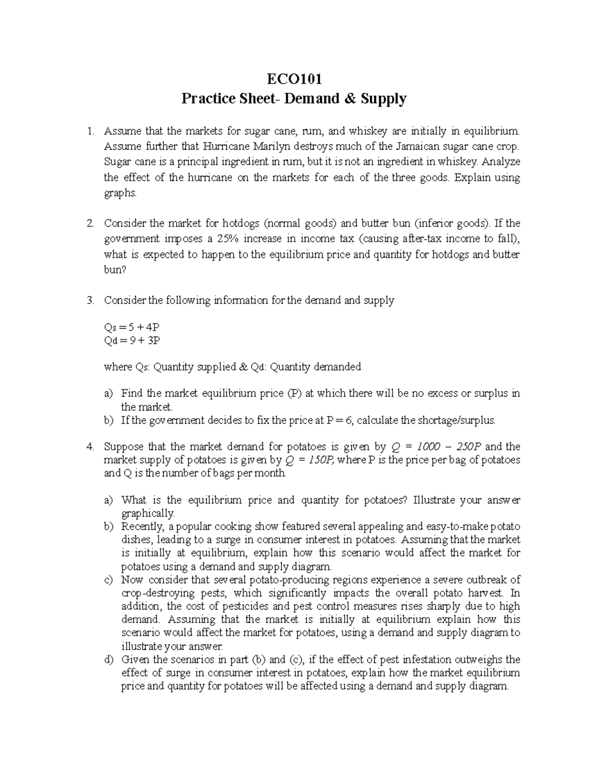 ECO101 Practice Set: Demand & Supply Analysis and Graphs - Studocu